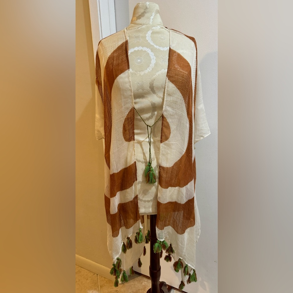 Parfois Kimono Unique Tie Tassels Bright Green Tan Lightweight Sheer Woven